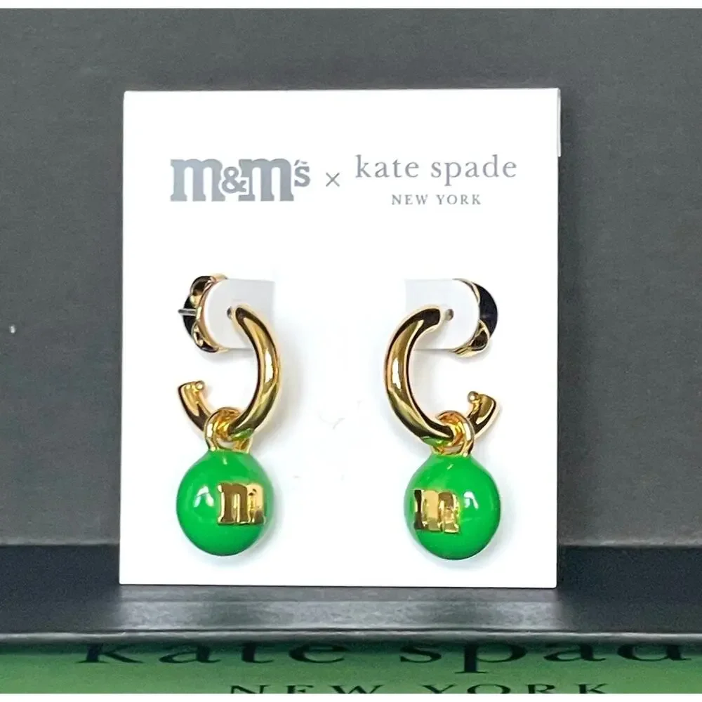 Kate Spade M&M's Green Candy Charm Gold-Tone Huggie Earrings